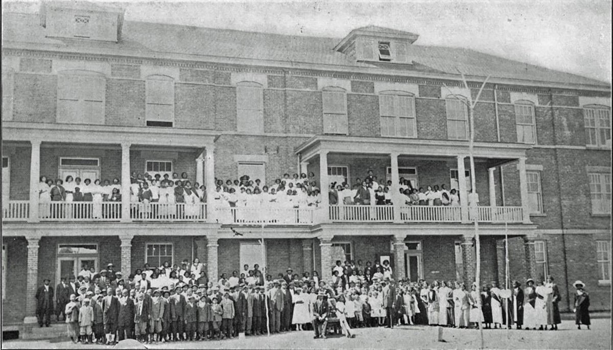 The growth of the school is evident in this photograph. Students and faculty are gathered in front of the State Normal School’s new administration building probably in 1912. Photo courtesy, University Archives, Elizabeth City State University