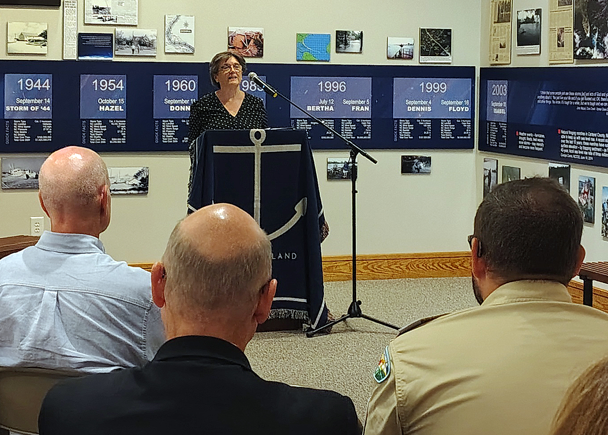 Core Sound Waterfowl Museum Executive Director Karen Amspacher speaks Monday during the announcements at the Harkers Island museum. Photo: Jennifer Allen