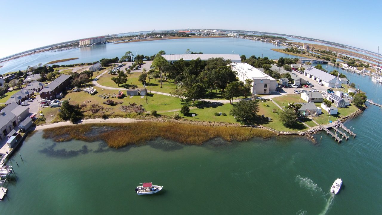 A 2014 aerial image of the National Oceanic and Atmospheric Administration's Beaufort Laboratory on Pivers Island. Photo courtesy of NOAA