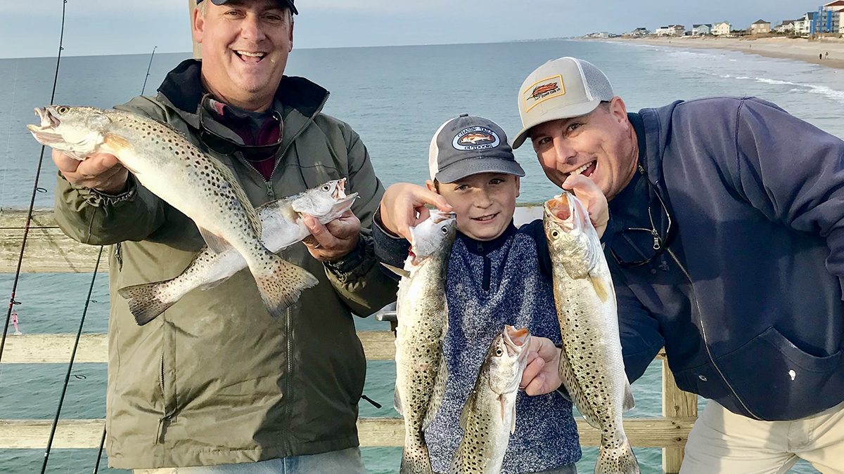 A good morning of fall pier trout on Sea View Pier in Topsail Beach with Emerson Ellis, now a high school senior, and his father Chris Ellis, formerly of Sneads Ferry but now residing in Hernando, Mississippi.
