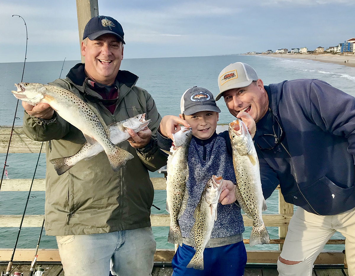 A good morning of fall pier trout on Sea View Pier in Topsail Beach with Emerson Ellis, now a high school senior, and his father Chris Ellis, formerly of Sneads Ferry but now residing in Hernando, Mississippi. 