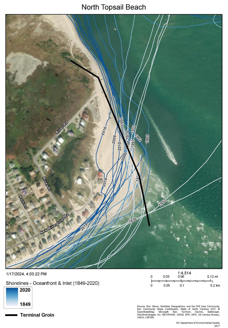 North Topsail Beach's proposed terminal groin is depicted in black and in relation to historical shorelines in this image from the draft environmental impact statement.