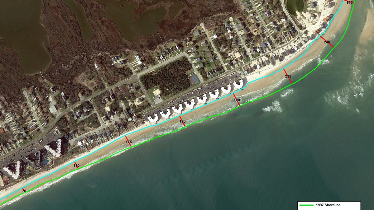The shoreline recession from 1997 to 2020 at the north end of North Topsail Beach is depicted in this image from the draft environmental impact statement for the town's planned terminal groin and beach fill.
