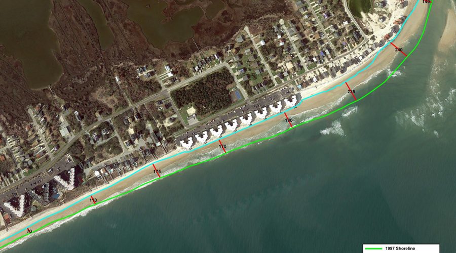 The shoreline recession from 1997 to 2020 at the north end of North Topsail Beach is depicted in this image from the draft environmental impact statement for the town's planned terminal groin and beach fill.