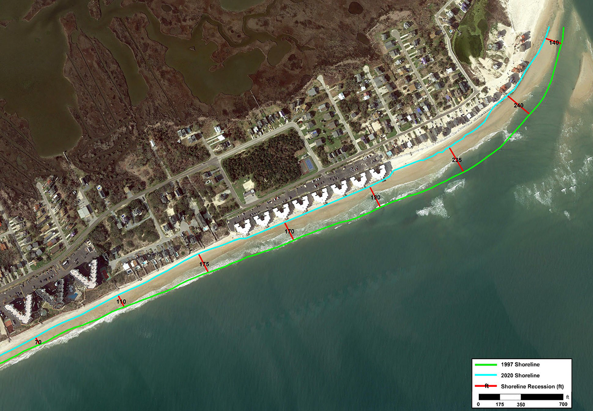 The shoreline recession from 1997 to 2020 at the north end of North Topsail Beach is depicted in this image from the draft environmental impact statement for the town's planned terminal groin and beach fill.