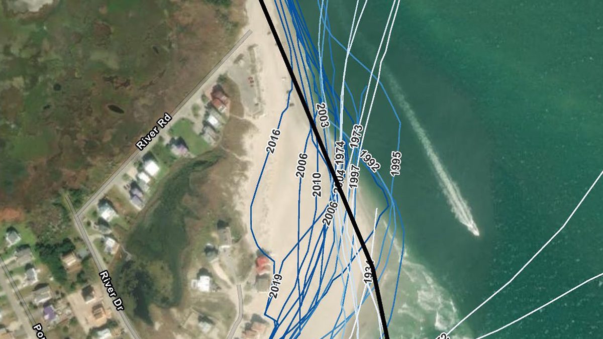 The North Topsail Beach shoreline history is illustrated in relation to the proposed terminal groin marked in black. Source: Corps
