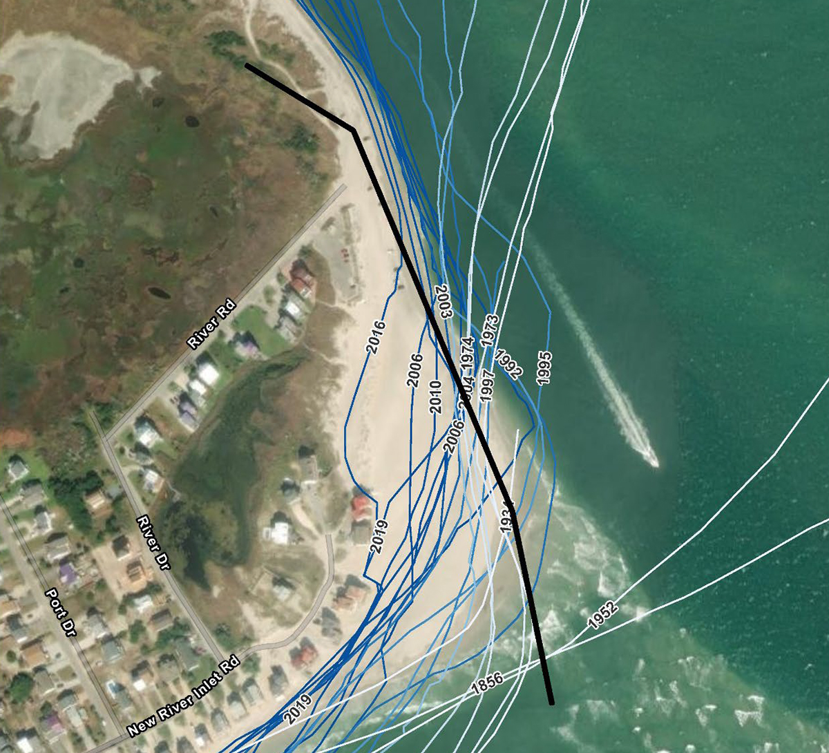 The North Topsail Beach shoreline history is illustrated in relation to the proposed terminal groin marked in black. Source: Corps