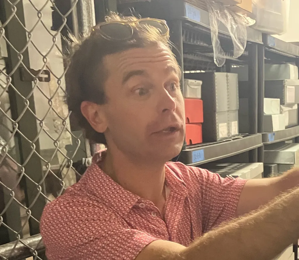 While I was on Bald Head Island, the wonderful public historian Travis Gilbert gave me a tour of the treasures in the Old Baldy Foundation’s archival storage facility. Photo: David Cecelski
