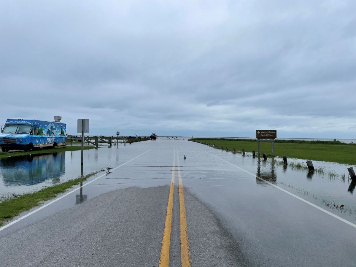 Water covers Island Road leading to Shell Point and the Harkers Island visitor Center. Photo: National Park Service