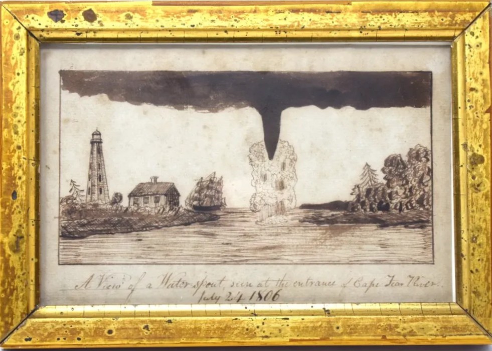 One of the highlights of Travis Gilbert’s tour of the Old Baldy Foundation’s archival storage facility was this pen-and-ink drawing of a water spout at the mouth of the Cape Fear River and of Bald Head Island’s first lighthouse in the summer of 1806. .Affectionately known as “Old Baldy,” the current lighthouse dates to 1817. Courtesy, Old Baldy Foundation
