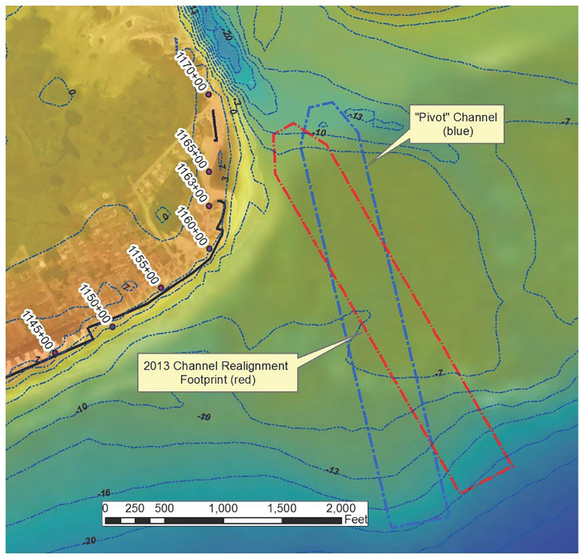 This diagram from the draft environmental impact statement shows the currently authorized "pivot" channel and the footprint of the 2013 completed channel realignment.