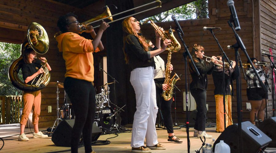 The all-female, Dixieland-style Brass Queens perform during the 2023 Duck Jazz Festival. Photo: Kip Tabb