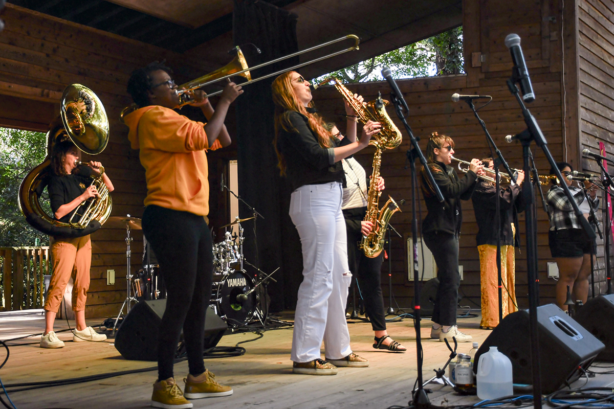 The all-female, Dixieland-style Brass Queens perform during the 2023 Duck Jazz Festival. Photo: Kip Tabb