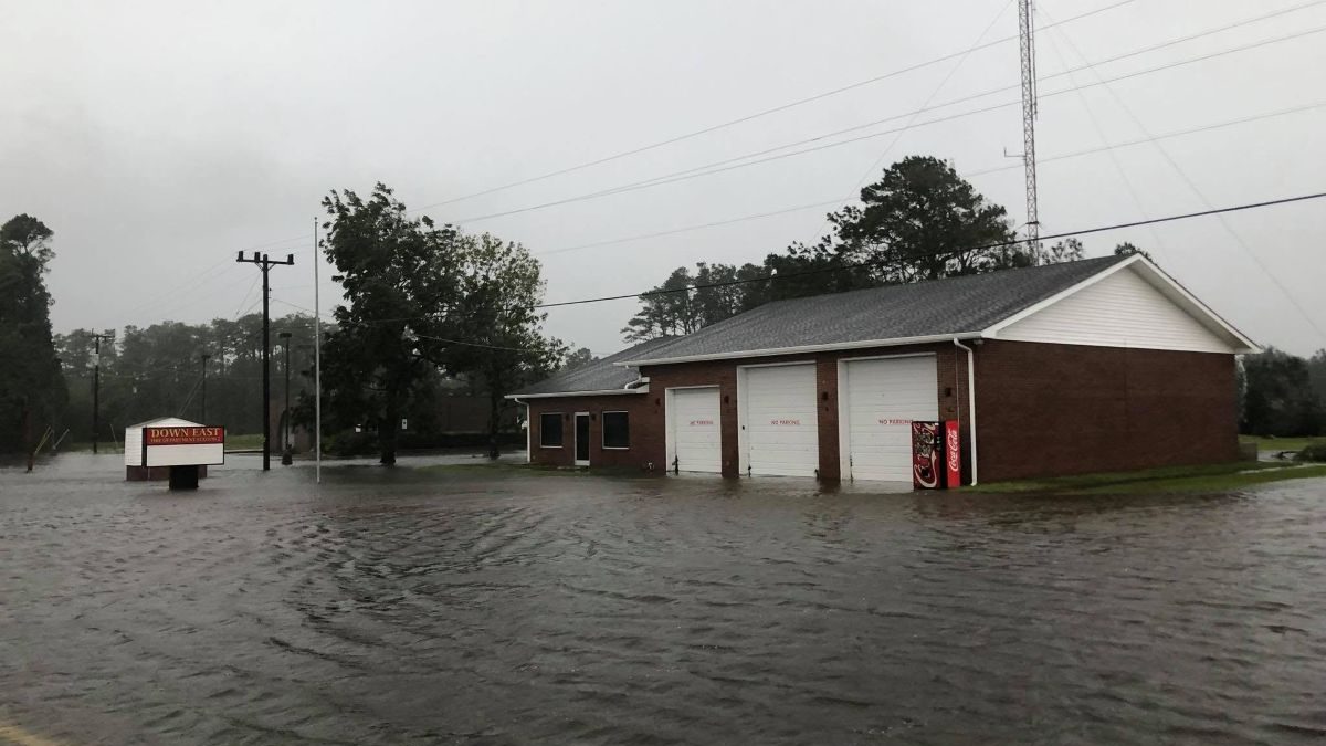 The exterior of Down East Fire Department Station in Sea Level is shown flooded Sept. 14, 2018. Photo: Down East Fire Department Facebook