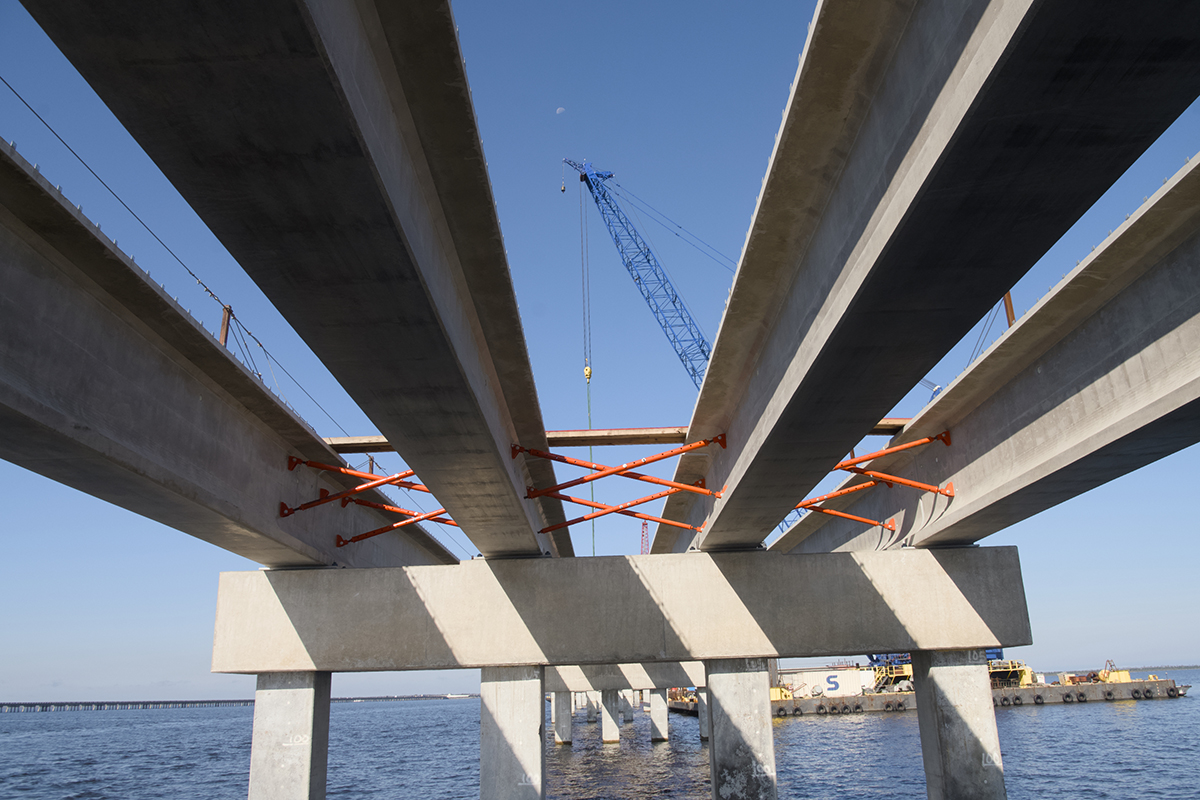 The view from below, looking up at the subdeck as the replacement Alligator River Bridge takes shape. Photo: Kip Tabb